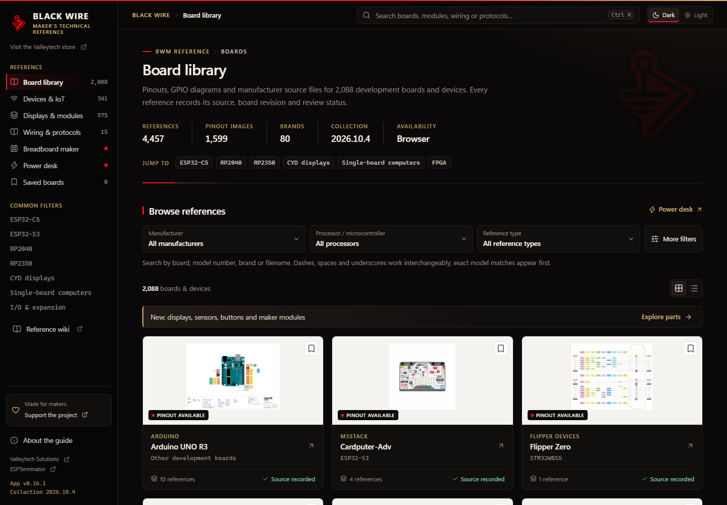 Black Wire board library: search, manufacturer and processor filters, original pinout previews, and the Power Desk